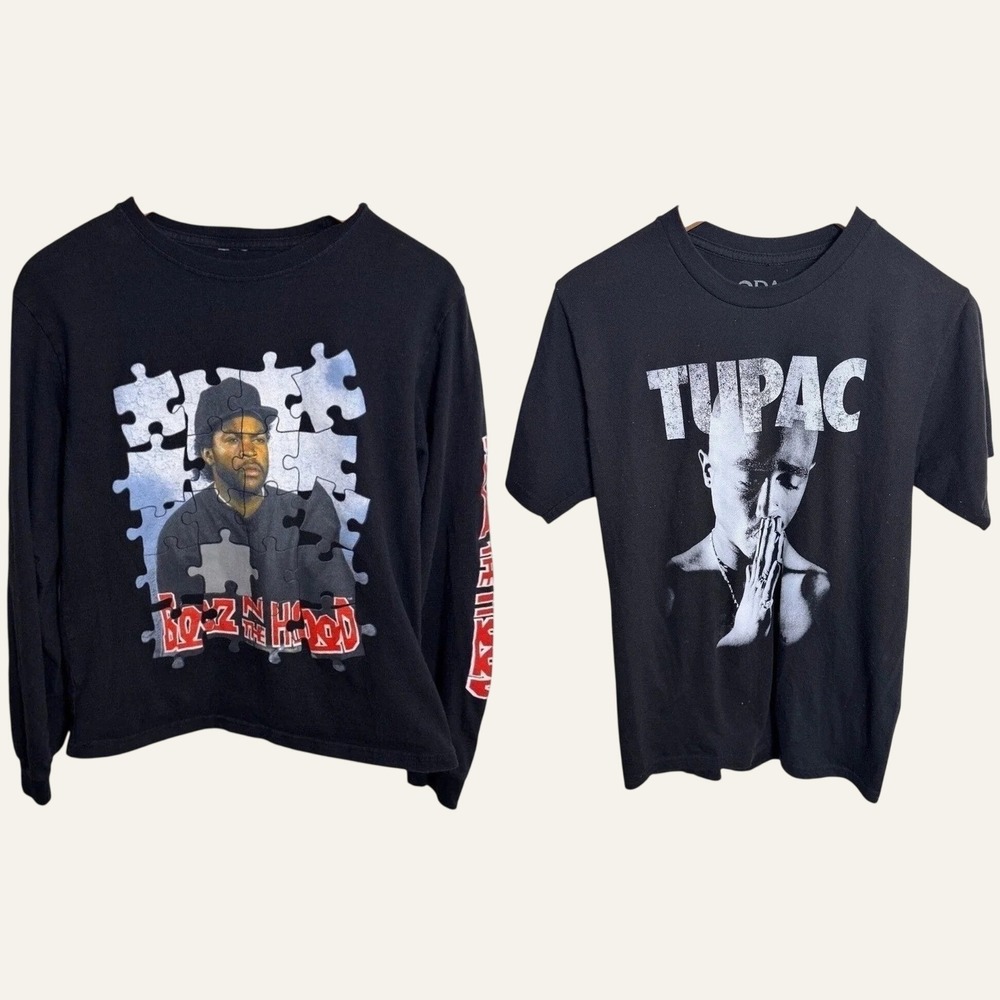 Lot 2 Tupac 2Pac Boyz N The Hood Ice Cube Graphic Tee Shirts Mens S Black